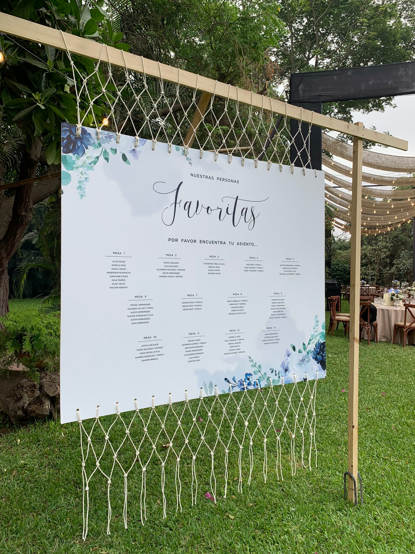 Letrero de Distribución de Invitados para Bodas 120×150 cm – Diseño Floral Azul | PVC + Madera