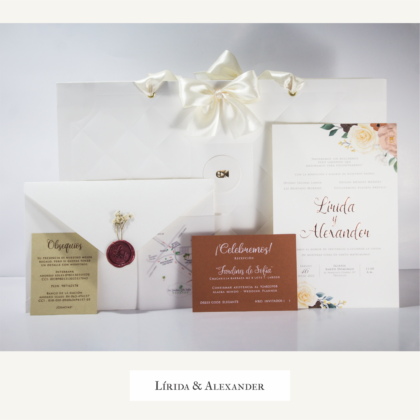 Invitación de boda elegante con sobre lacrado – Modelo Lirida & Alexander